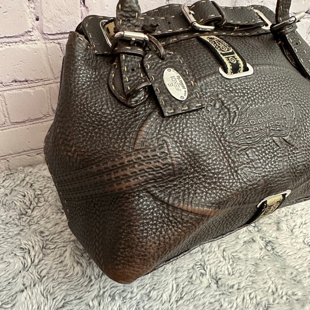 Fendi Selleria Villa Borghese Handbag Brown Leather Embossed Horse Purse - Picture 4 of 16